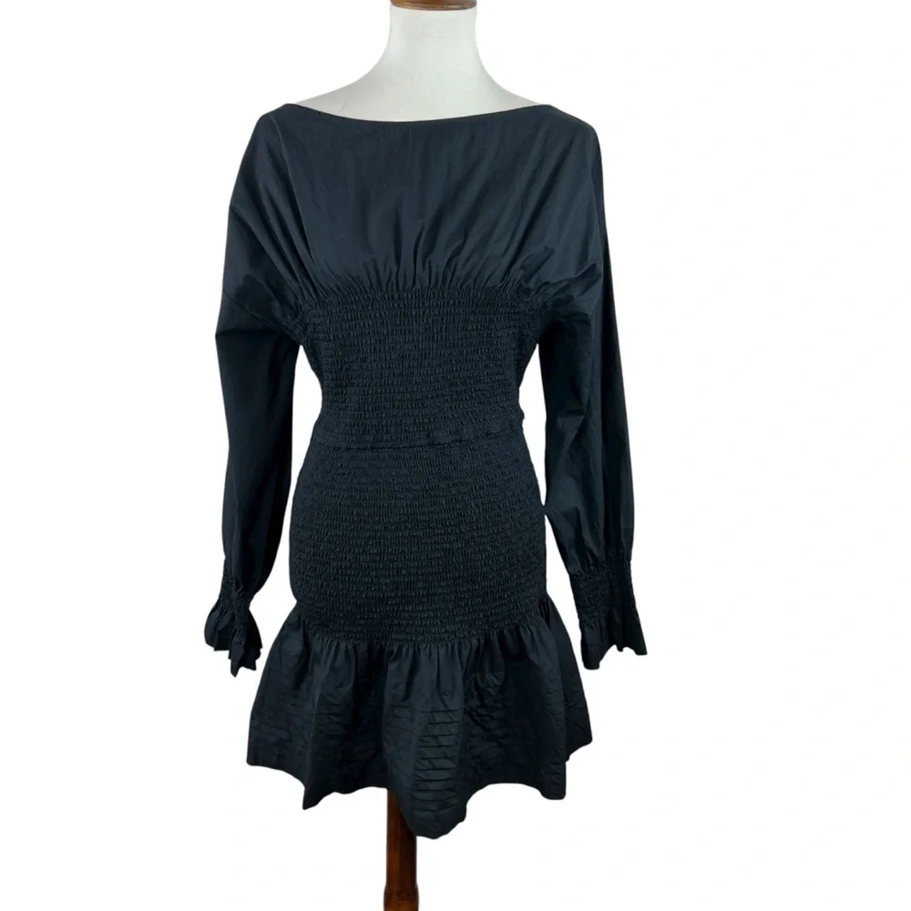 Derek Lam Collective Black Smocked Long Sleeve Ruffle Hem Cotton Mini Dress